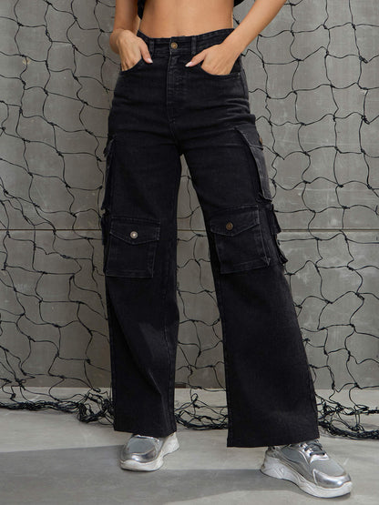 Women's Women Black Washed Denim Multi Pockets Cargo Jeans in Cotton by Sassafras for wholesale, bulk, supplier, manufacturer and wholesaler buyers from Trendphoria