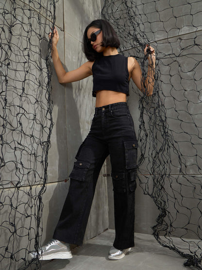 Women Black Washed Denim Multi Pockets Cargo Jeans
