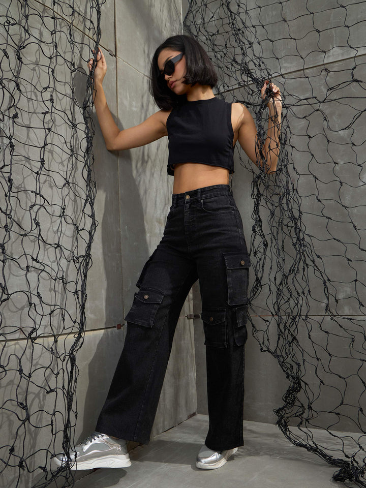 Women Black Washed Denim Multi Pockets Cargo Jeans