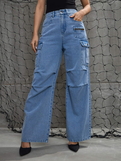 Women Blue Denim Pleated Knee Cargo Jeans