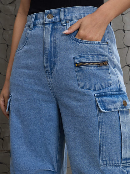 Women Blue Denim Pleated Knee Cargo Jeans