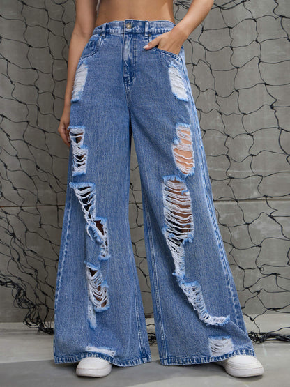 Women Blue Washed Denim Distressed Jeans