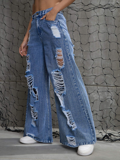 Women Blue Washed Denim Distressed Jeans