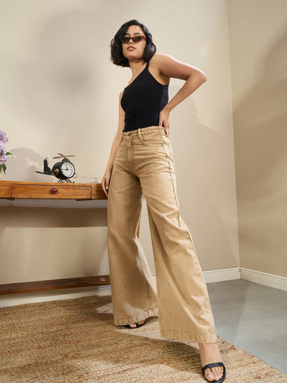 Women Beige Low Waist Wide Leg Baggy Jeans