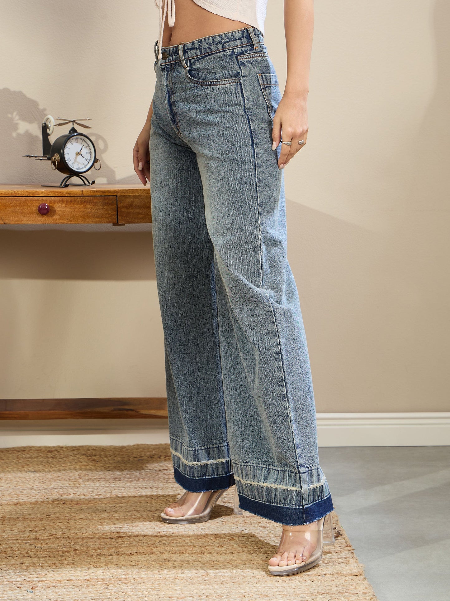 Women Blue Washed Low Waist Wide Leg Jeans