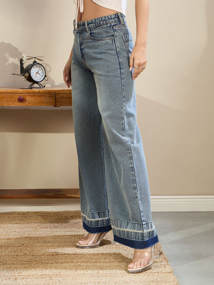 Women Blue Washed Low Waist Wide Leg Jeans