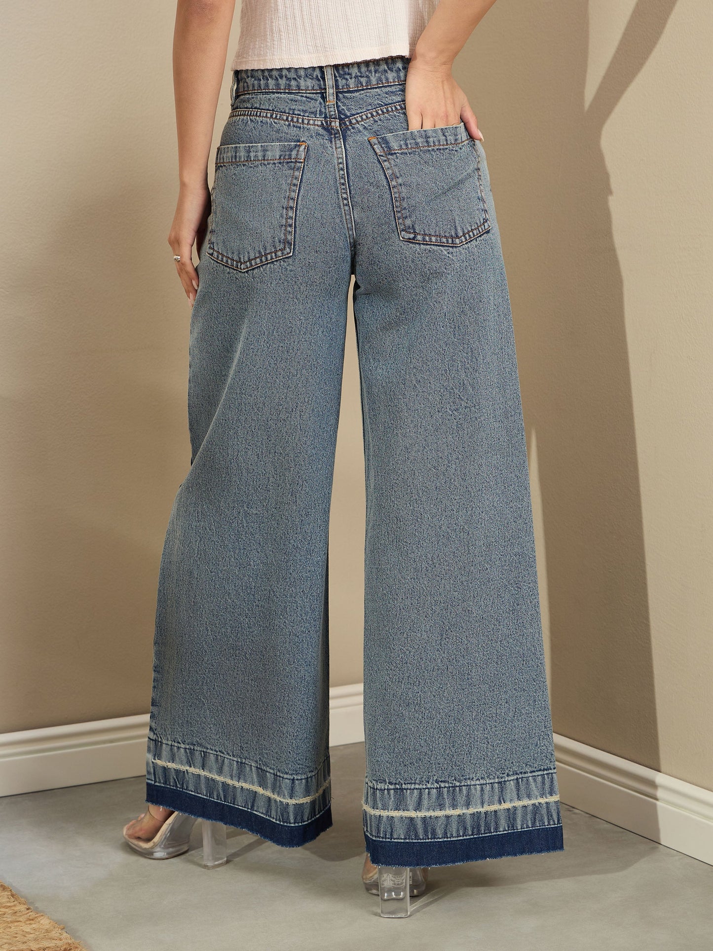 Women Blue Washed Low Waist Wide Leg Jeans