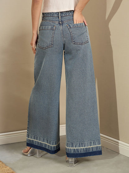 Women Blue Washed Low Waist Wide Leg Jeans