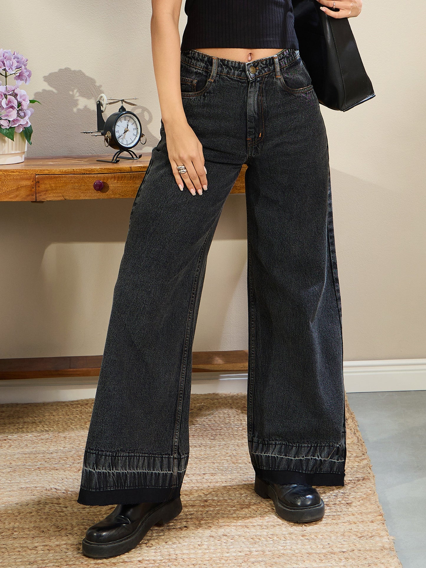 Black Washed Low Waist Wide Leg Jeans