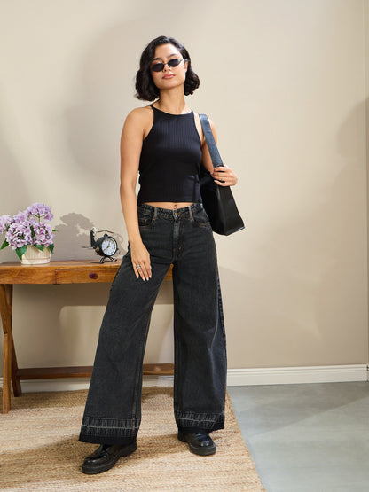 Black Washed Low Waist Wide Leg Jeans