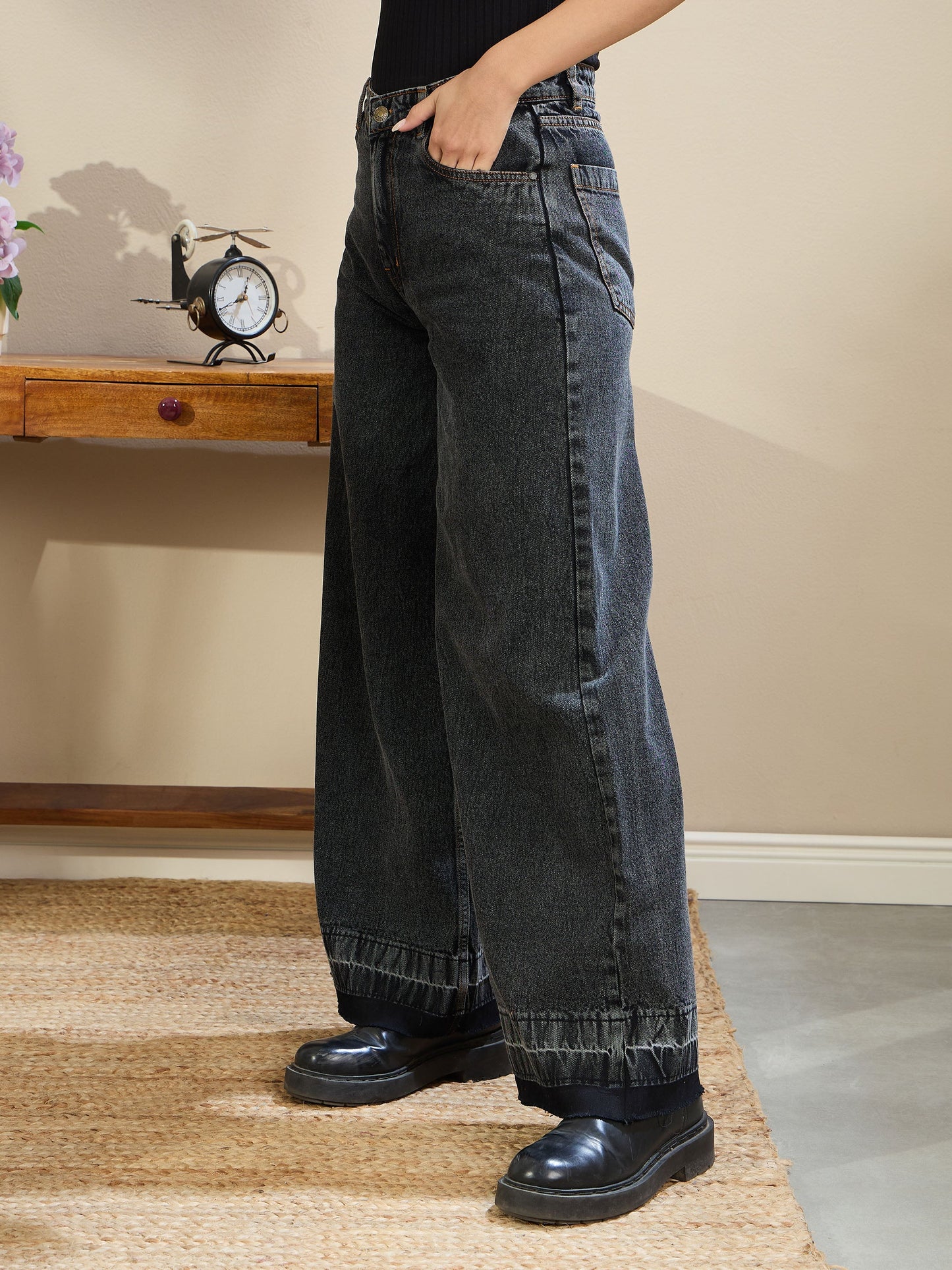 Black Washed Low Waist Wide Leg Jeans