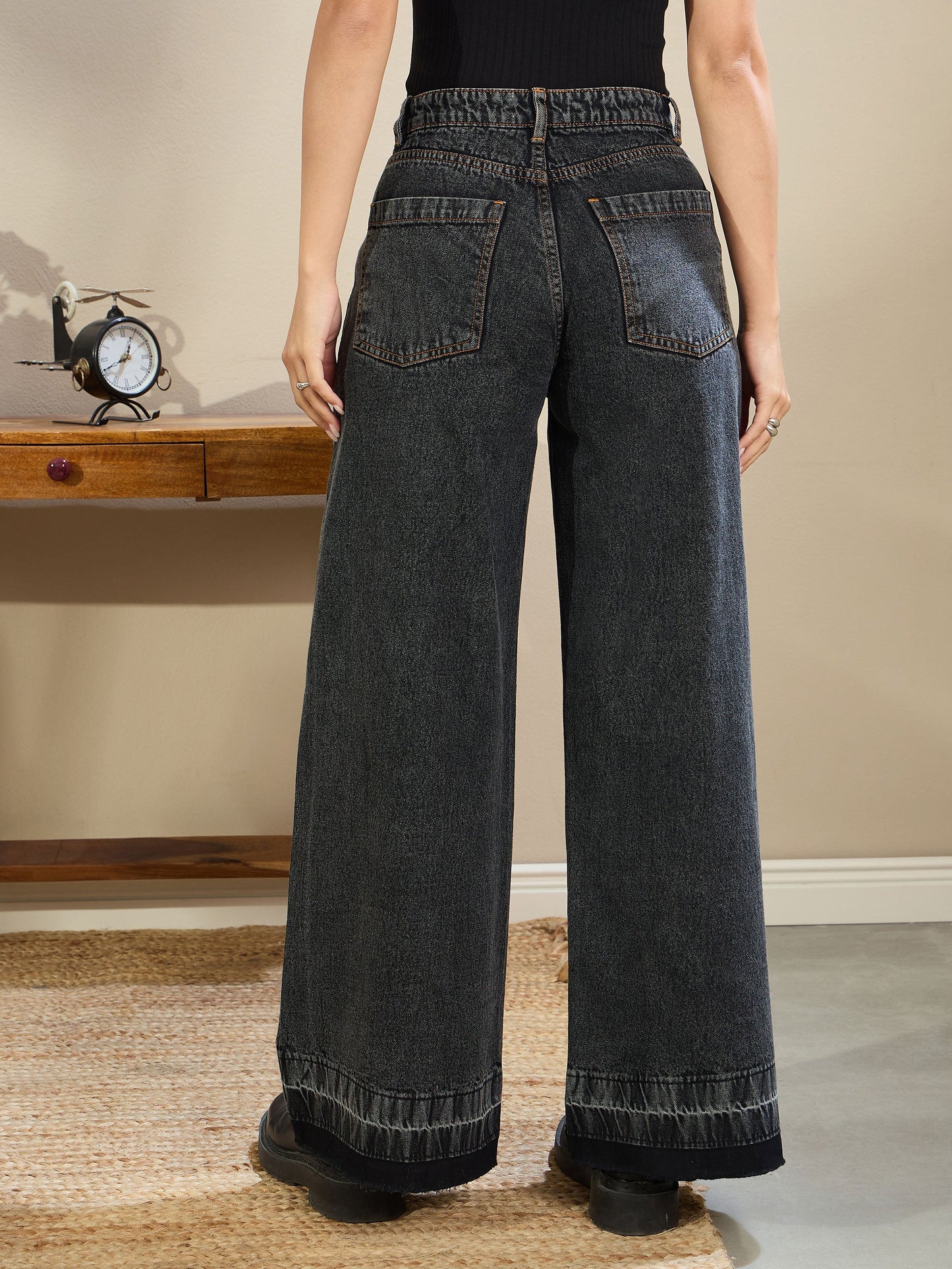 Black Washed Low Waist Wide Leg Jeans