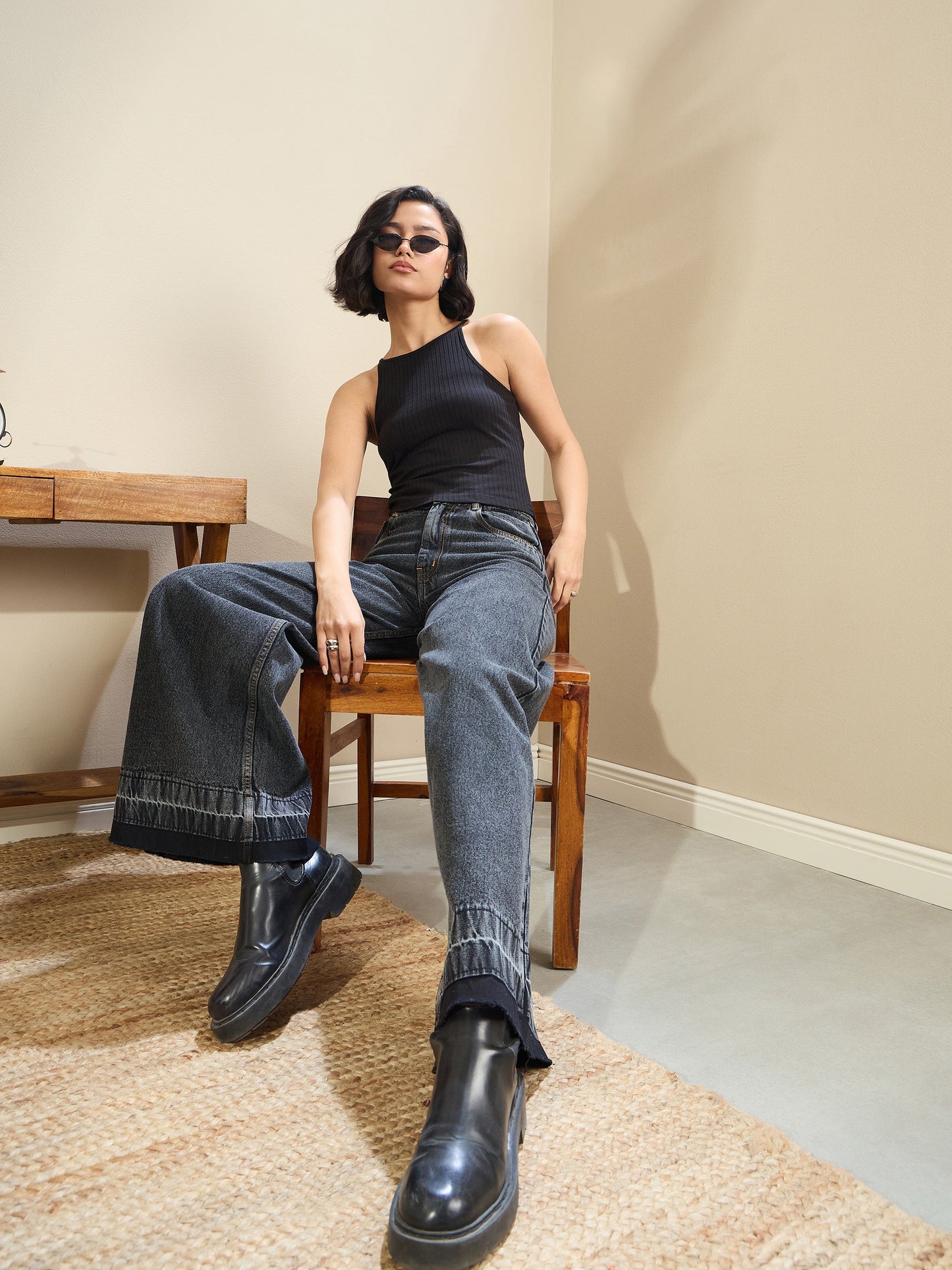 Black Washed Low Waist Wide Leg Jeans