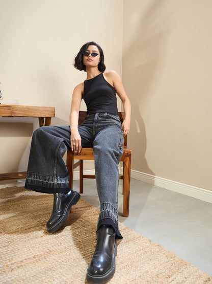 Black Washed Low Waist Wide Leg Jeans