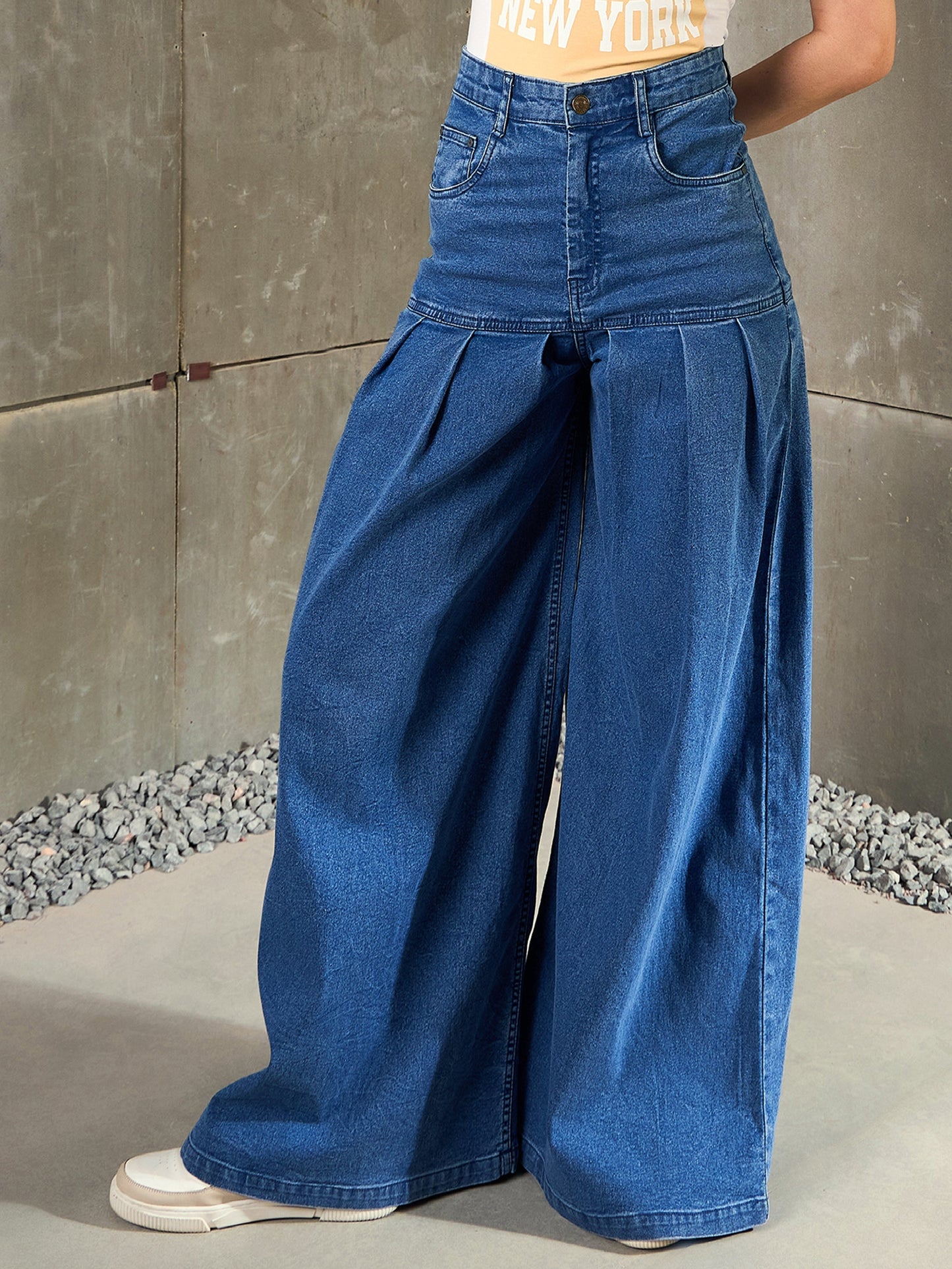 Blue Washed Pleated Flared Jeans