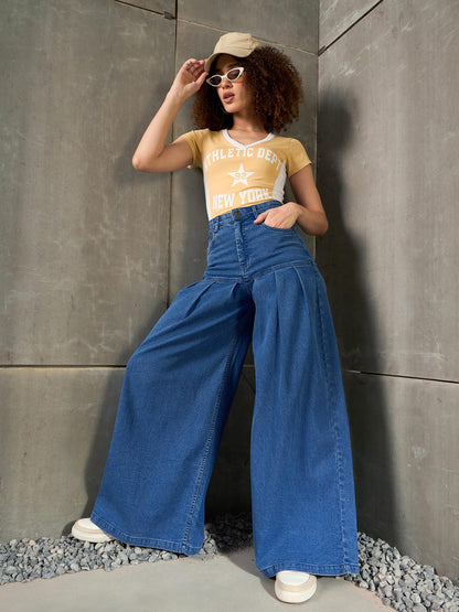 Blue Washed Pleated Flared Jeans