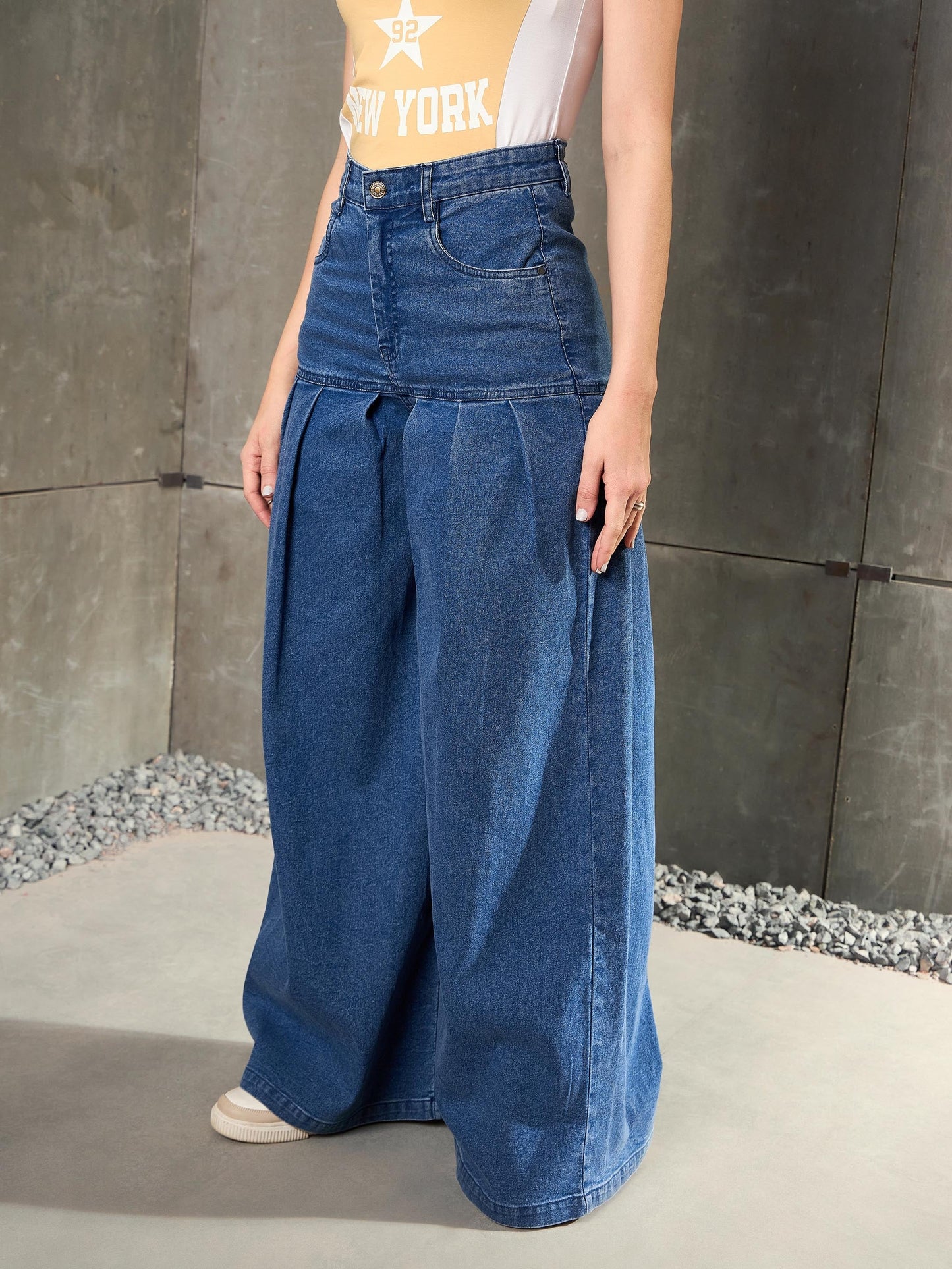 Blue Washed Pleated Flared Jeans