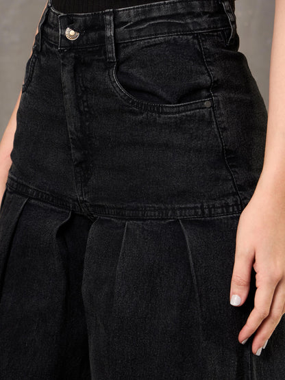 Women Black Washed Pleated Flared Jeans