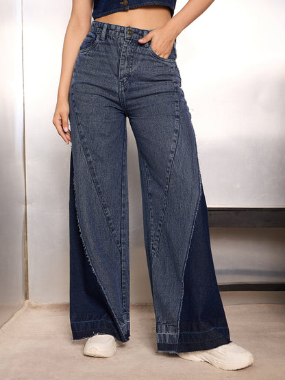 Women Blue Washed Colo Block Wide Leg Jeans