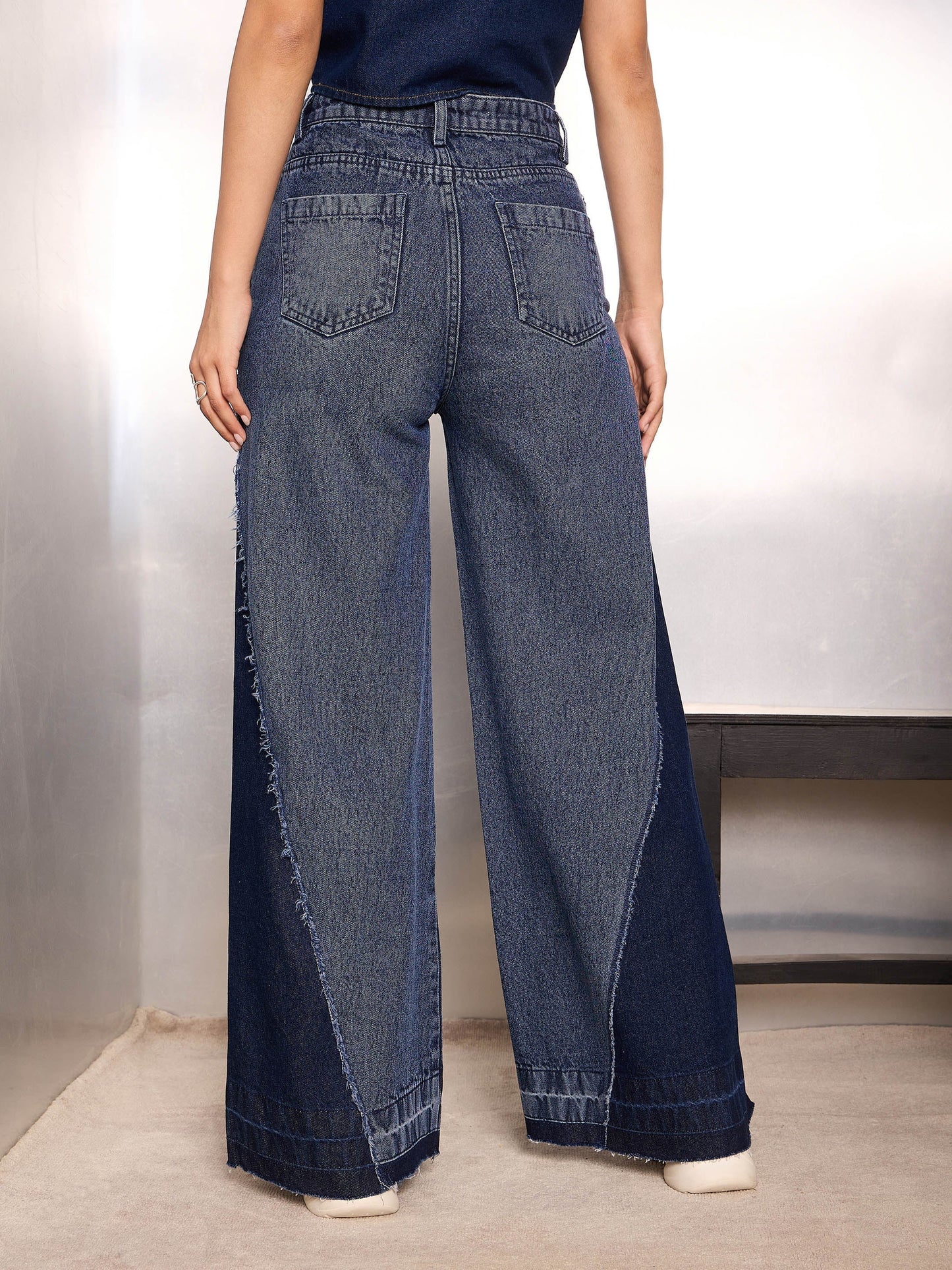 Women Blue Washed Colo Block Wide Leg Jeans