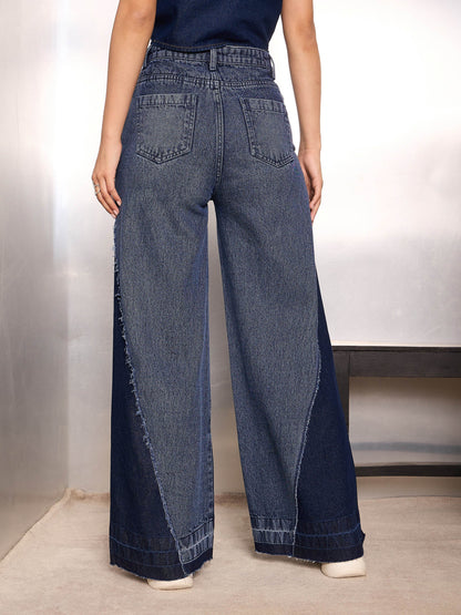 Women Blue Washed Colo Block Wide Leg Jeans