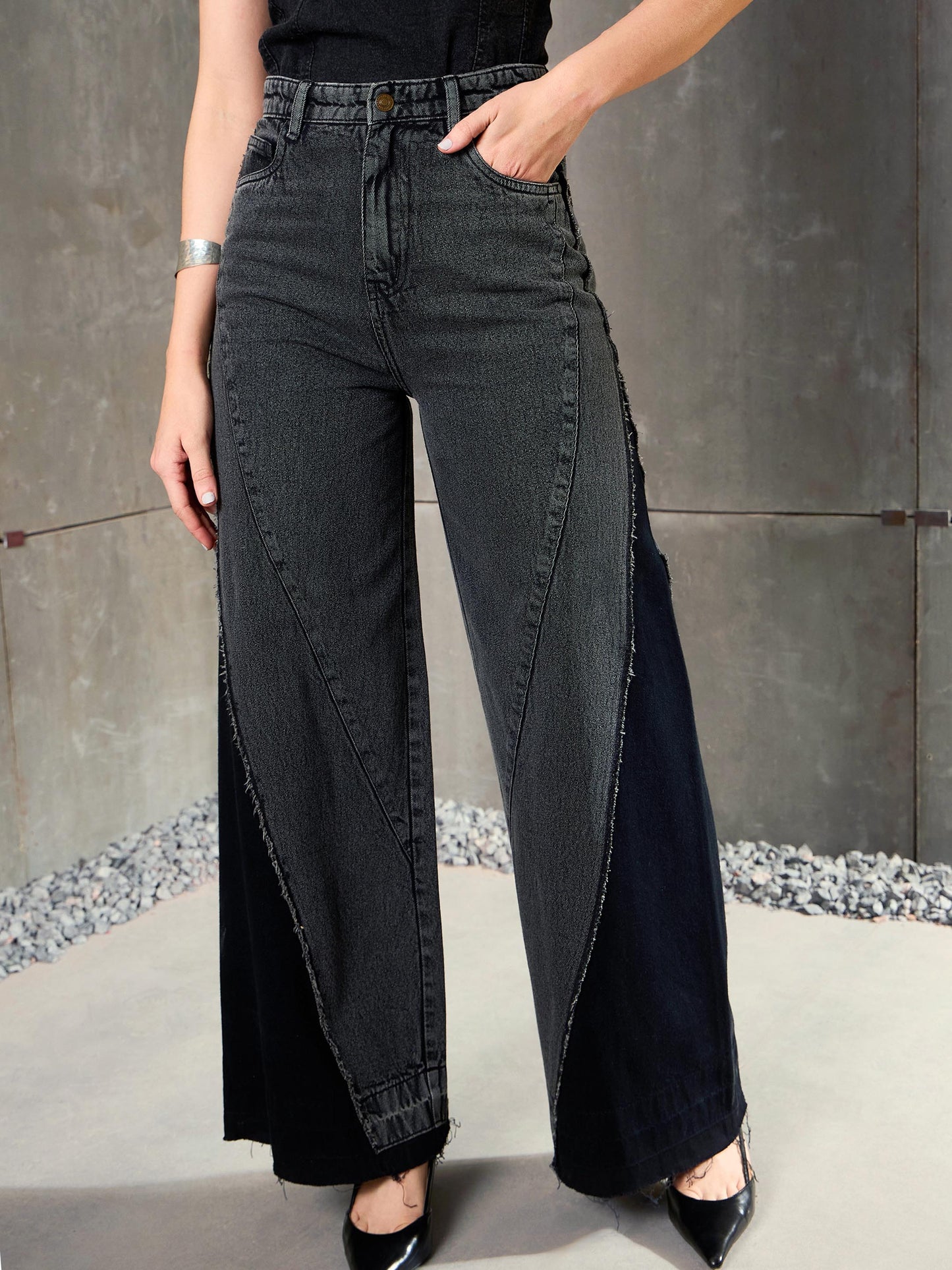 Women Black Washed Colo Block Wide Leg Jeans