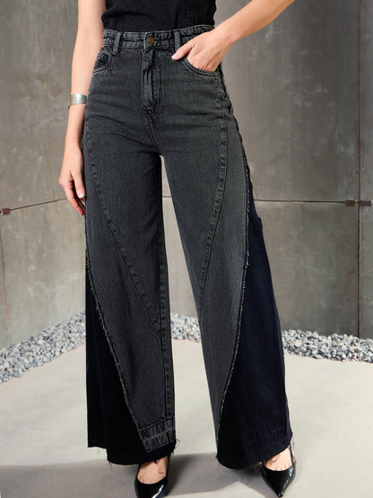 Women Black Washed Colo Block Wide Leg Jeans