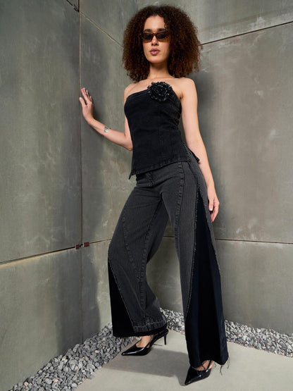 Women Black Washed Colo Block Wide Leg Jeans