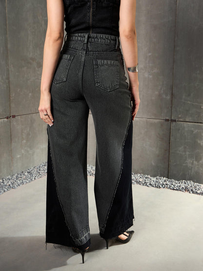 Women Black Washed Colo Block Wide Leg Jeans