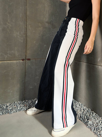Black Washed Side Tape Wide Leg Jeans