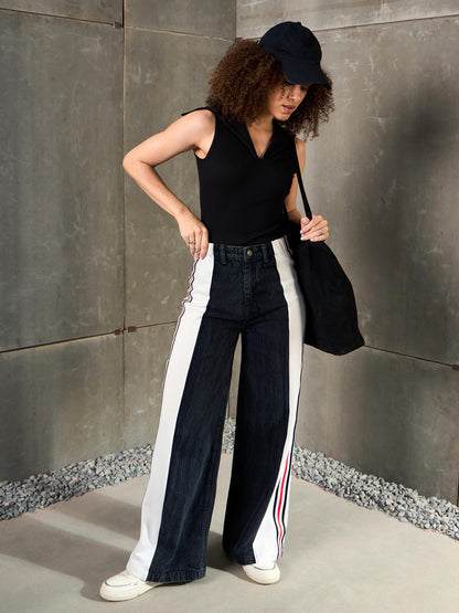 Black Washed Side Tape Wide Leg Jeans