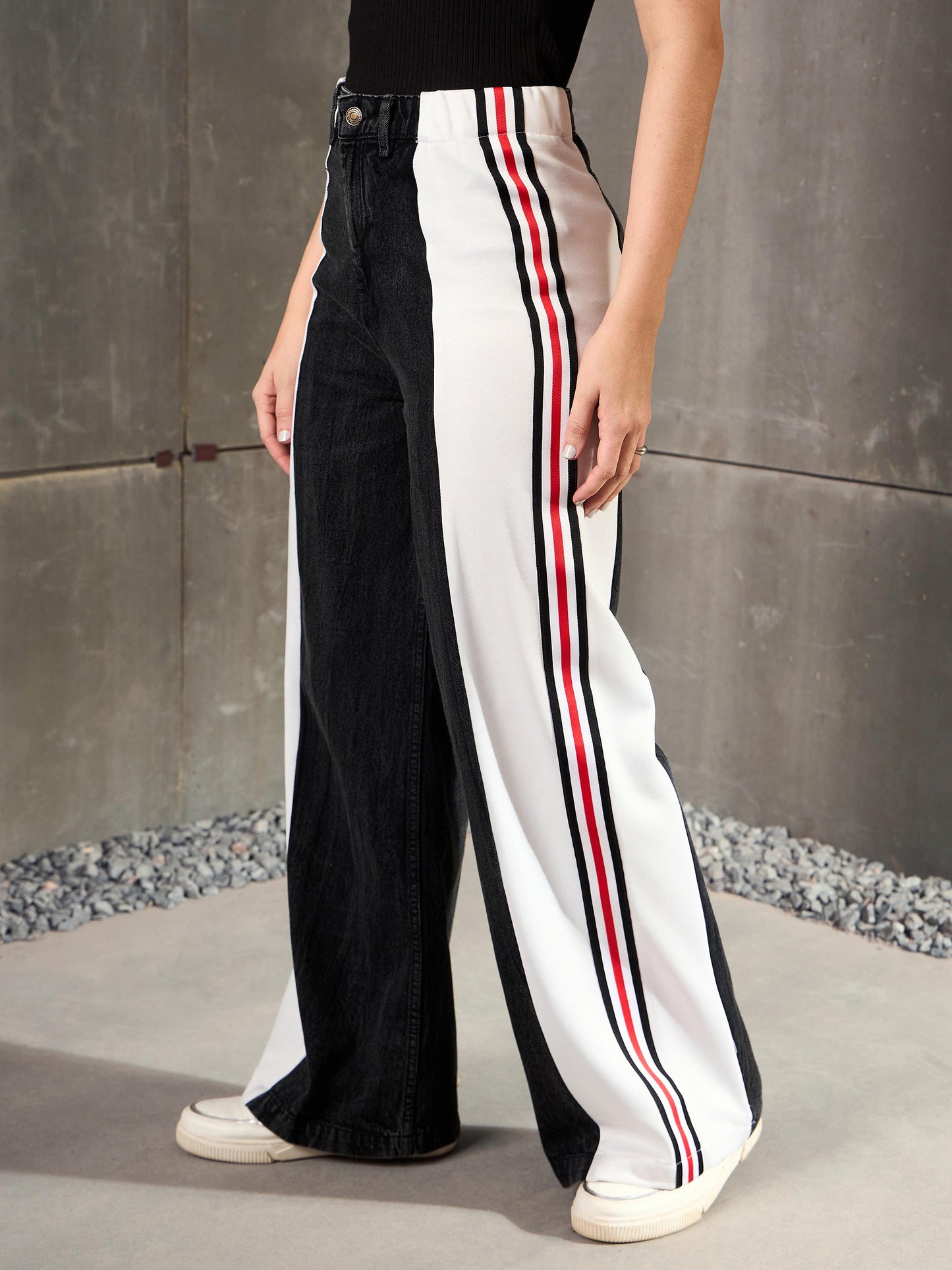 Black Washed Side Tape Wide Leg Jeans