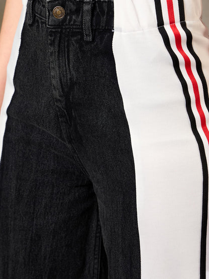 Black Washed Side Tape Wide Leg Jeans
