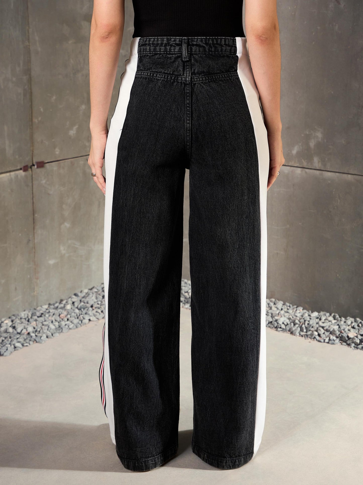 Black Washed Side Tape Wide Leg Jeans