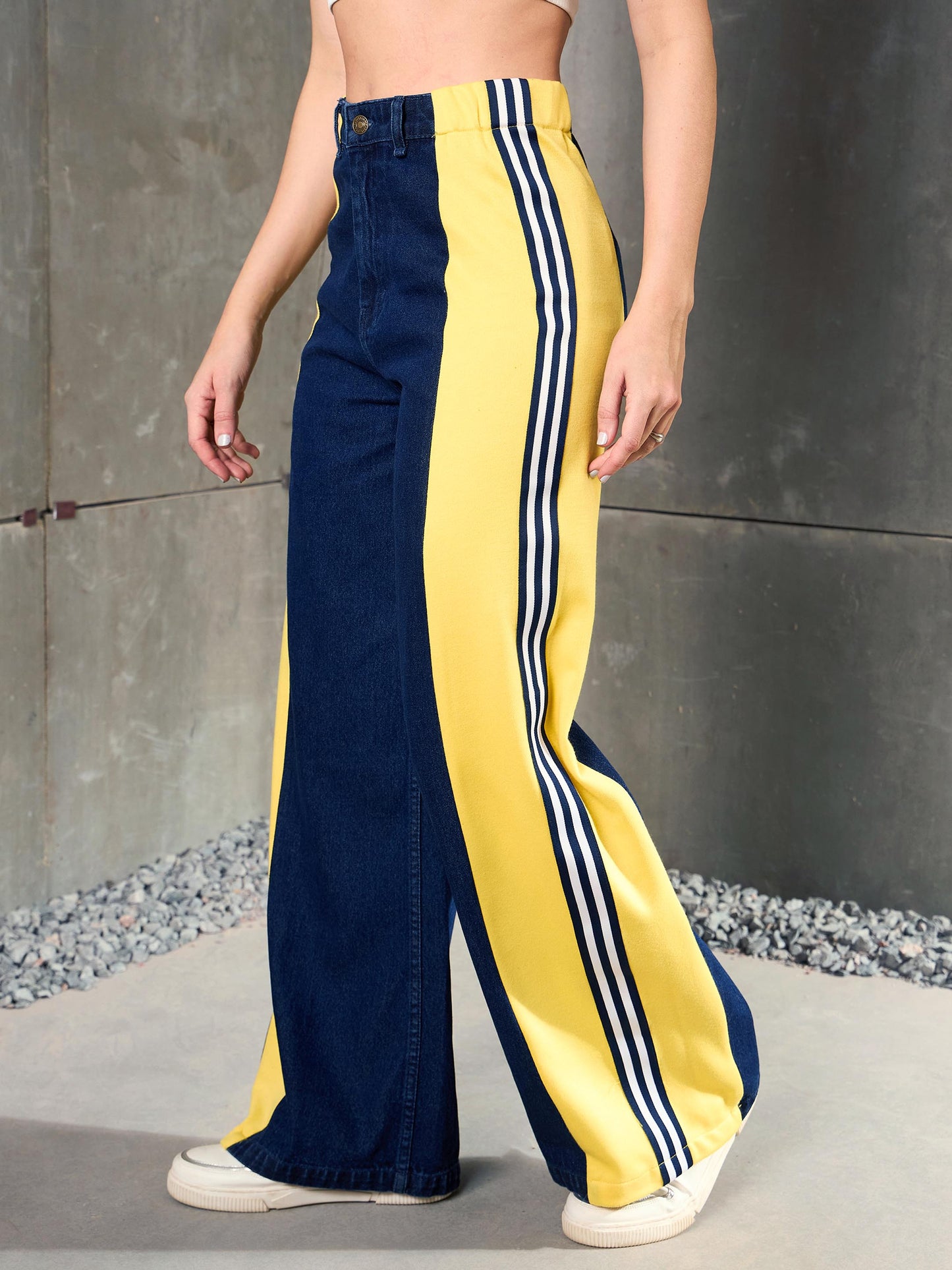 Blue Washed Side Tape Wide Leg Jeans