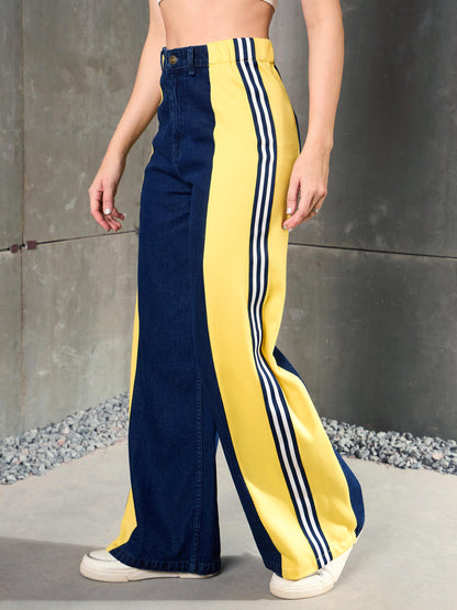 Blue Washed Side Tape Wide Leg Jeans