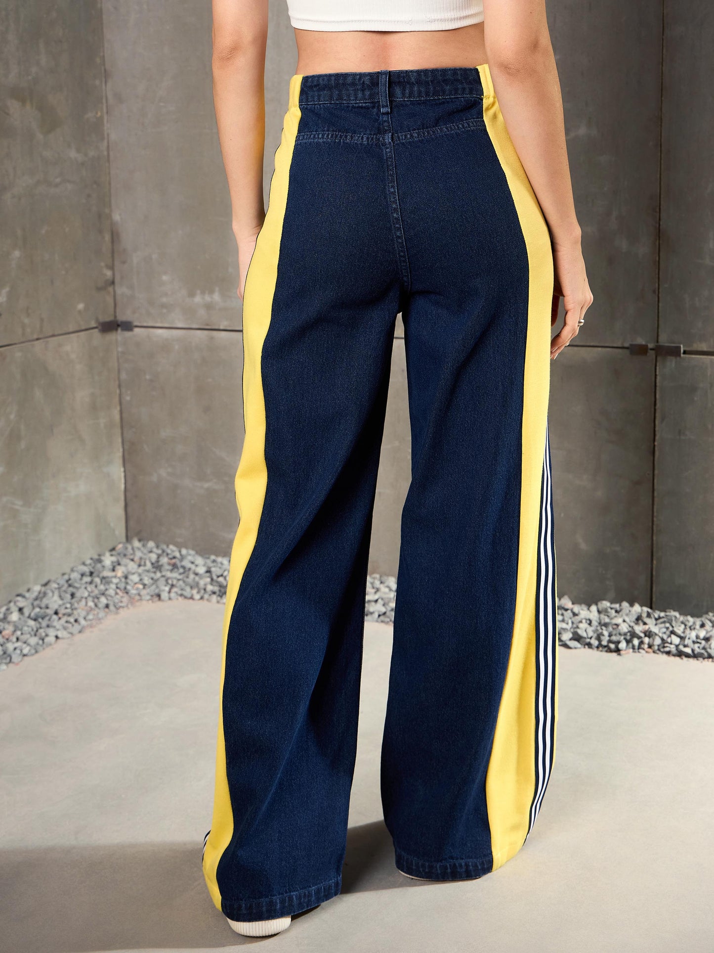 Blue Washed Side Tape Wide Leg Jeans
