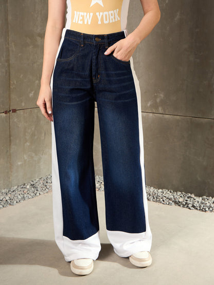 Navy Blue Side ColorBlock Wide Leg Jeans