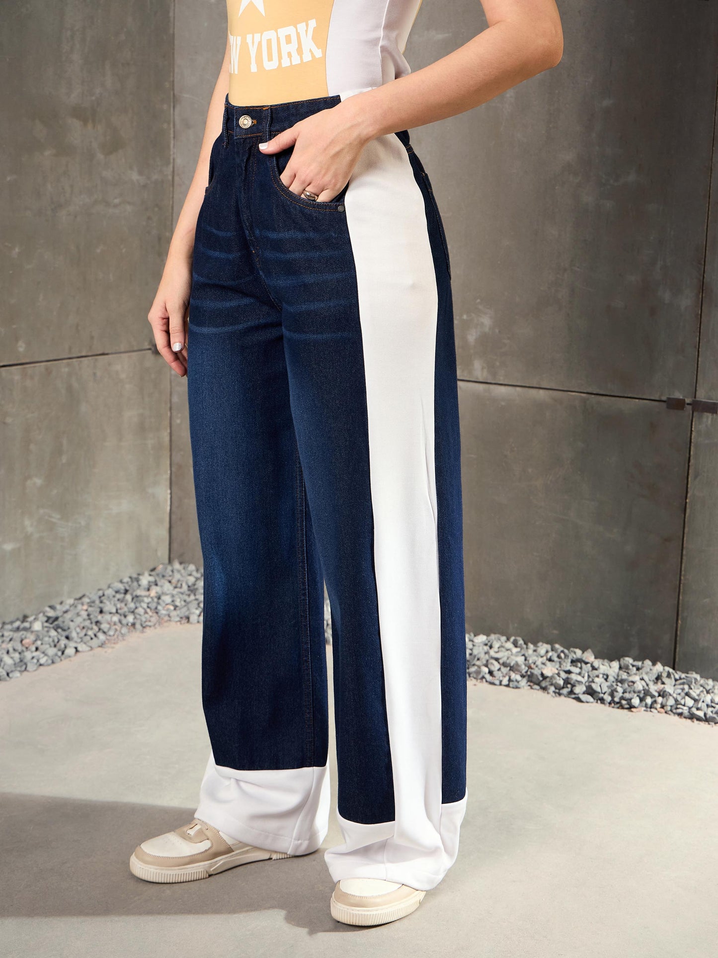 Navy Blue Side ColorBlock Wide Leg Jeans