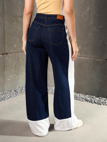 Navy Blue Side ColorBlock Wide Leg Jeans