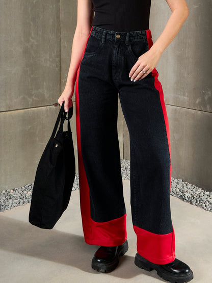 Black Washed Side ColorBlock Wide Leg Jeans