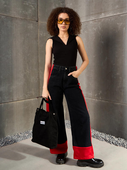 Black Washed Side ColorBlock Wide Leg Jeans