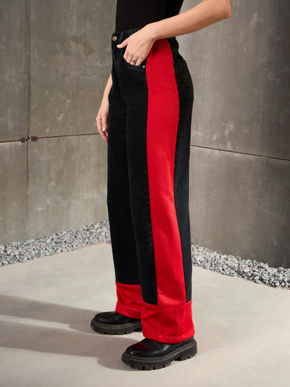 Black Washed Side ColorBlock Wide Leg Jeans