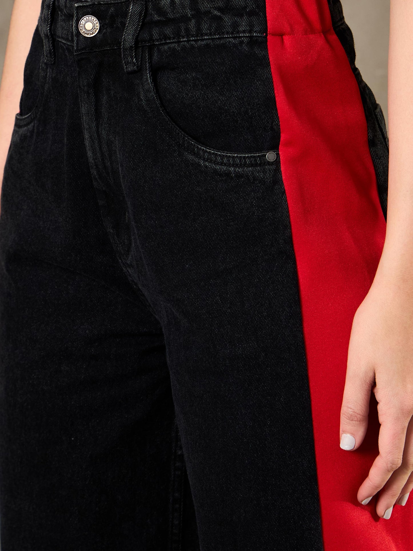 Black Washed Side ColorBlock Wide Leg Jeans