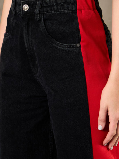 Black Washed Side ColorBlock Wide Leg Jeans