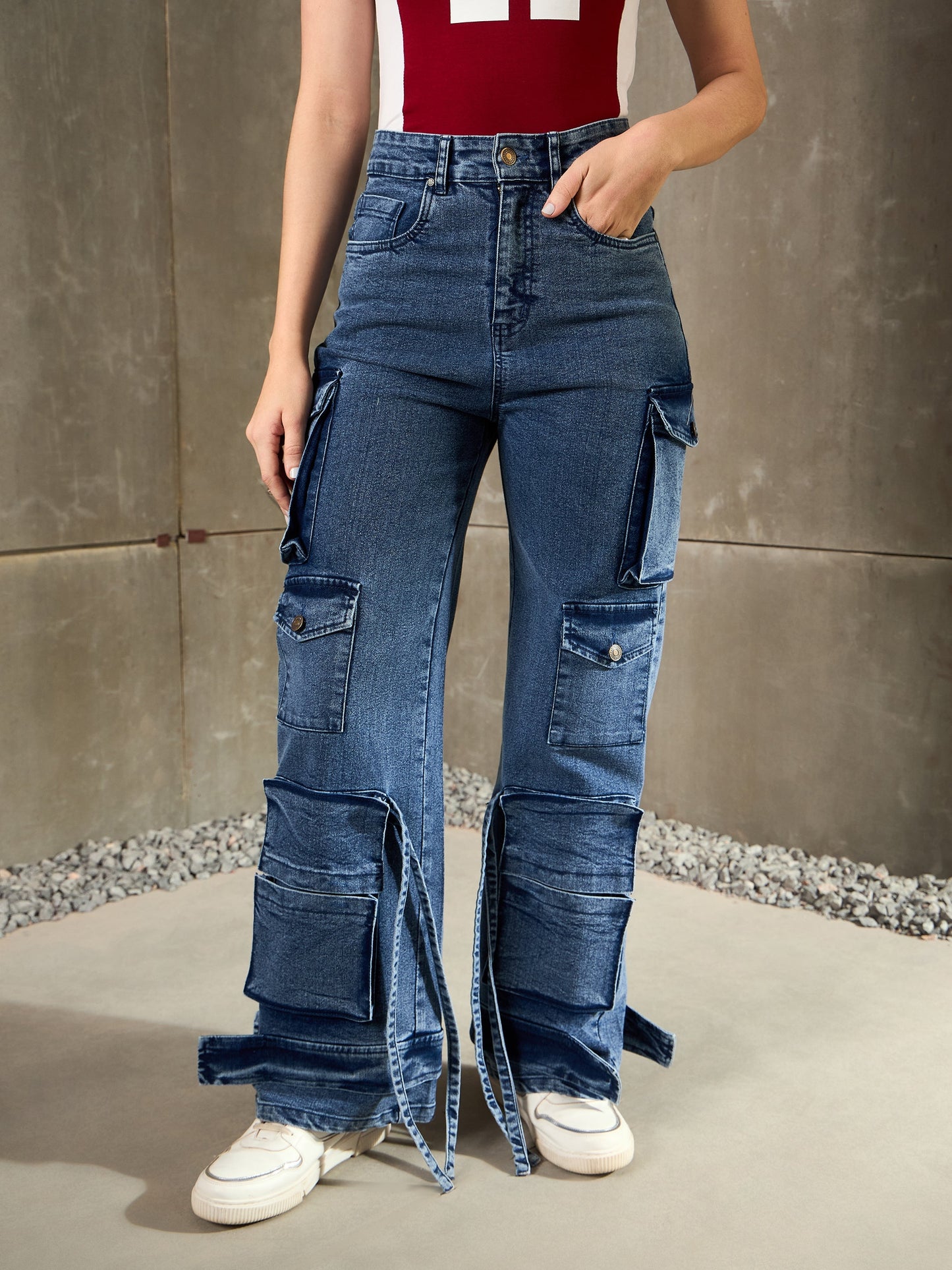 Blue Washed Multi Pocket Cargo Jeans