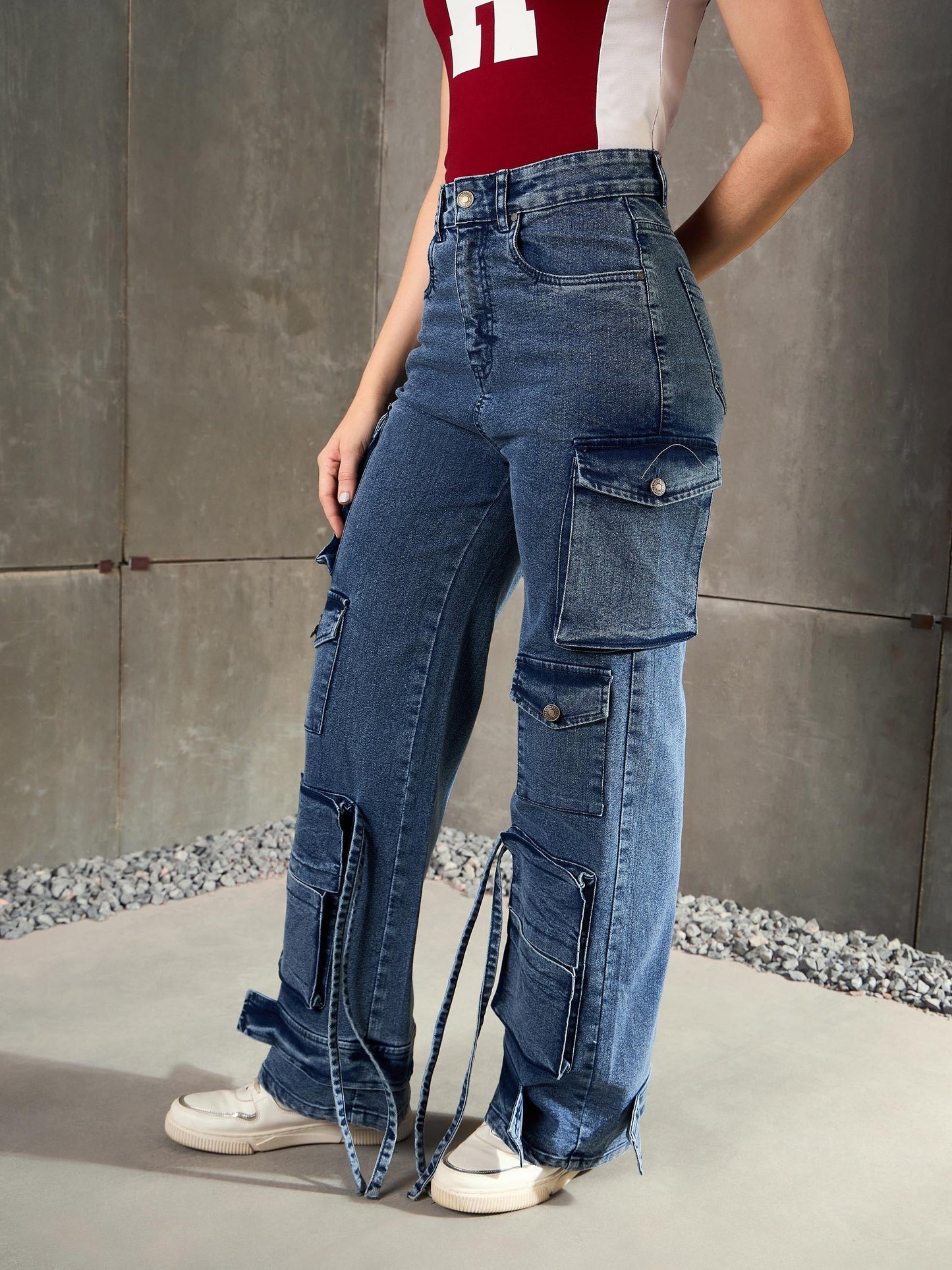 Blue Washed Multi Pocket Cargo Jeans