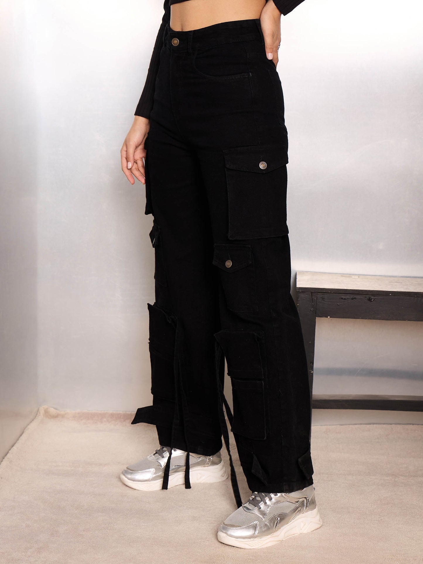 Jet Black Multi Pocket Cargo Jeans