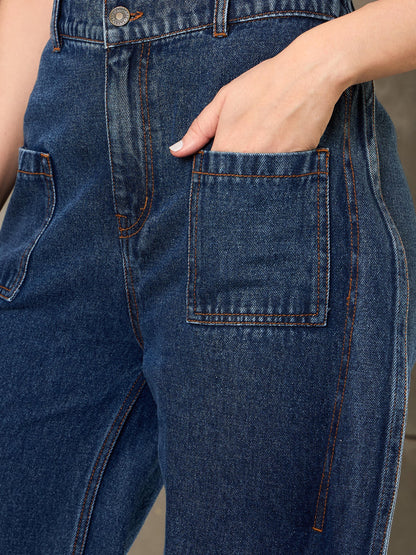 Blue Washed Curve Detail Barrel Jeans