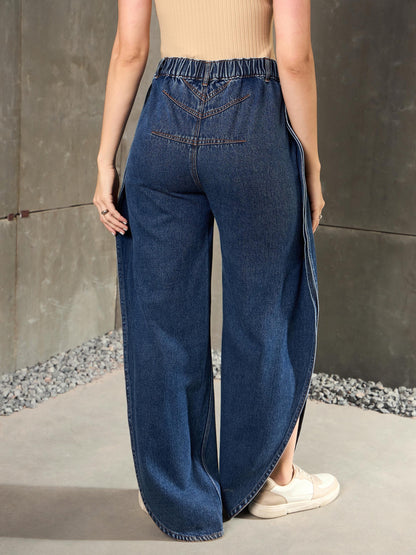 Blue Washed Curve Detail Barrel Jeans